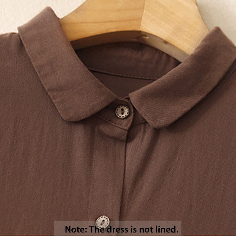 Buddha Stones Commute Long Sleeve Pure Color Button Design Lapel Cotton Midi Dress - image 10