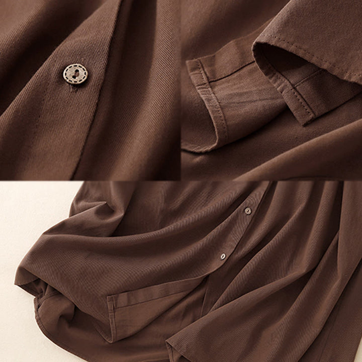 Buddha Stones Commute Long Sleeve Pure Color Button Design Lapel Cotton Midi Dress - image 12