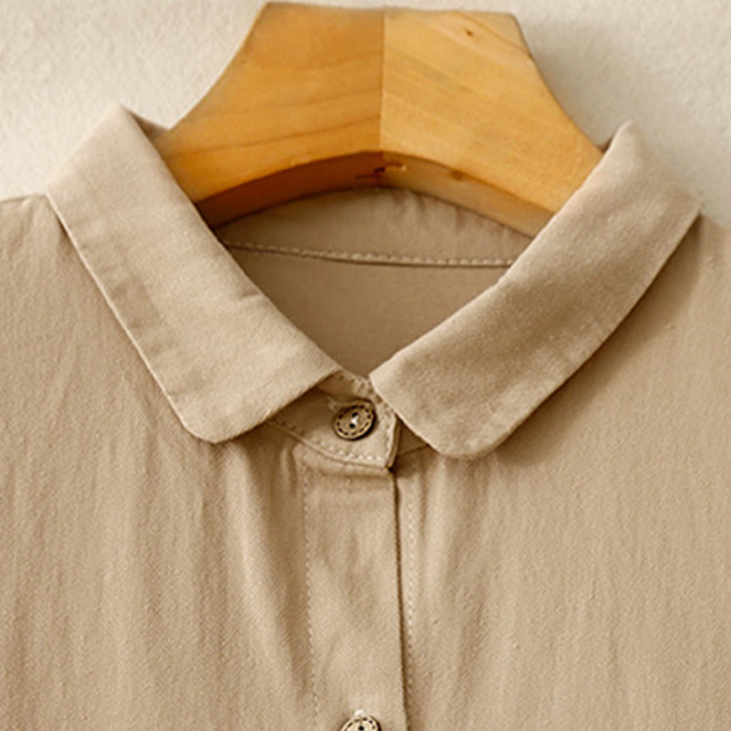 Buddha Stones Commute Long Sleeve Pure Color Button Design Lapel Cotton Midi Dress - image 3