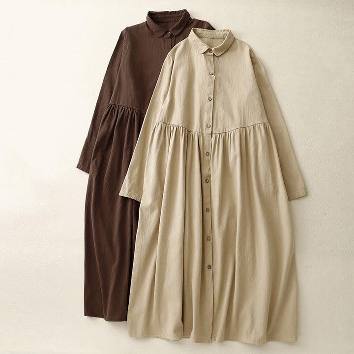 Buddha Stones Commute Long Sleeve Pure Color Button Design Lapel Cotton Midi Dress - image 14