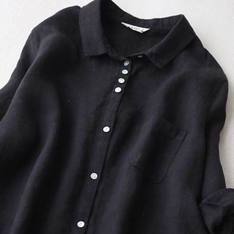 Buddha Stones Buttons Design Lapel Three Quarter Sleeve Cotton Linen Midi Dress With Pockets - image 2