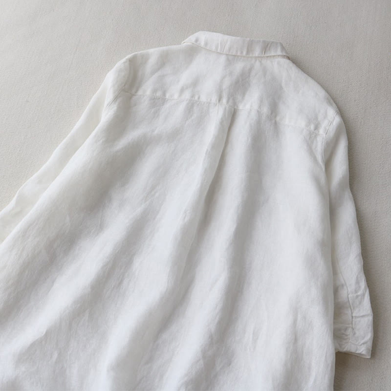 Buddha Stones Buttons Design Lapel Three Quarter Sleeve Cotton Linen Midi Dress With Pockets - image 8