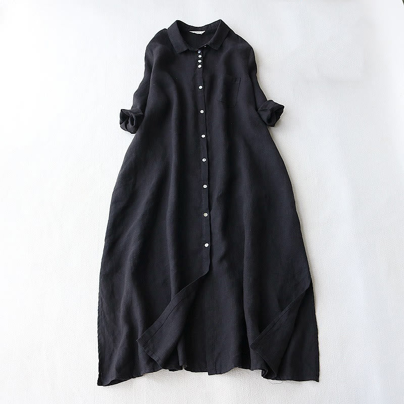 Buddha Stones Buttons Design Lapel Three Quarter Sleeve Cotton Linen Midi Dress With Pockets - Black - US8-10，UK/AU12-14，EU40-42 (2XL) - image 0
