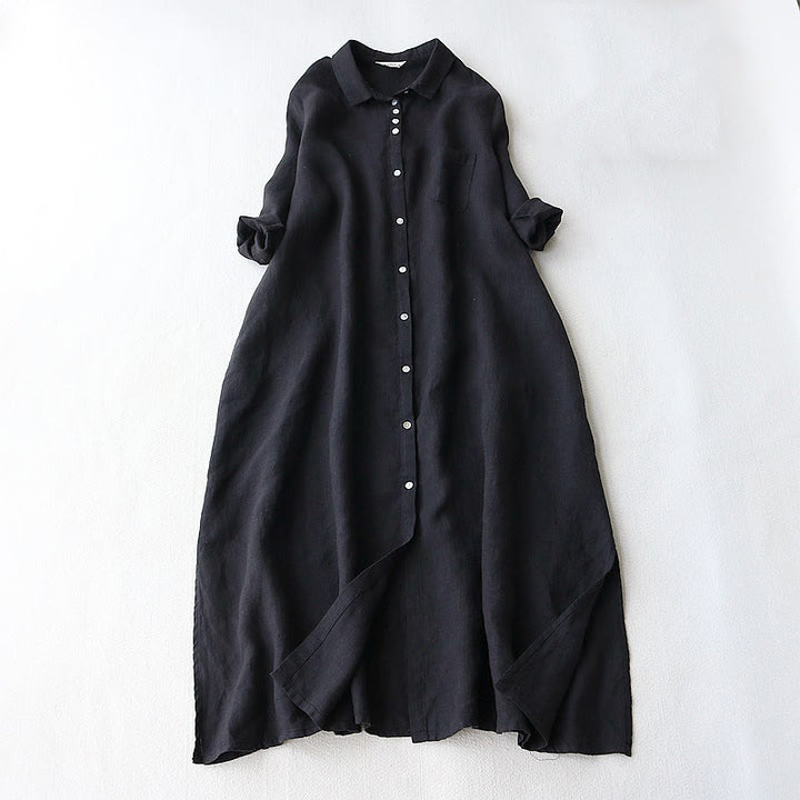 Buddha Stones Buttons Design Lapel Three Quarter Sleeve Cotton Linen Midi Dress With Pockets - Black - US8-10，UK/AU12-14，EU40-42 (2XL) - image 0