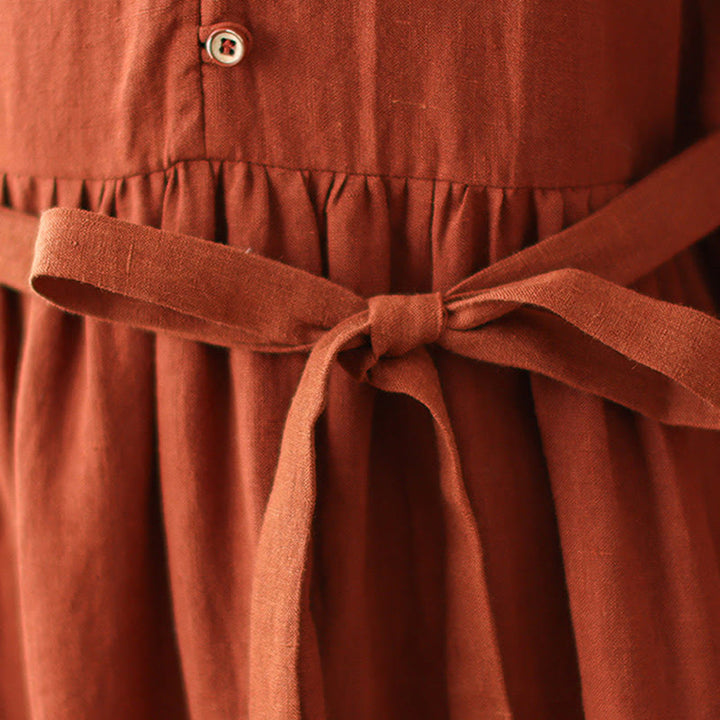 Buddha Stones OrangeRed Lace-Up Design Long Sleeve Cotton Midi Dress With Pockets - image 10