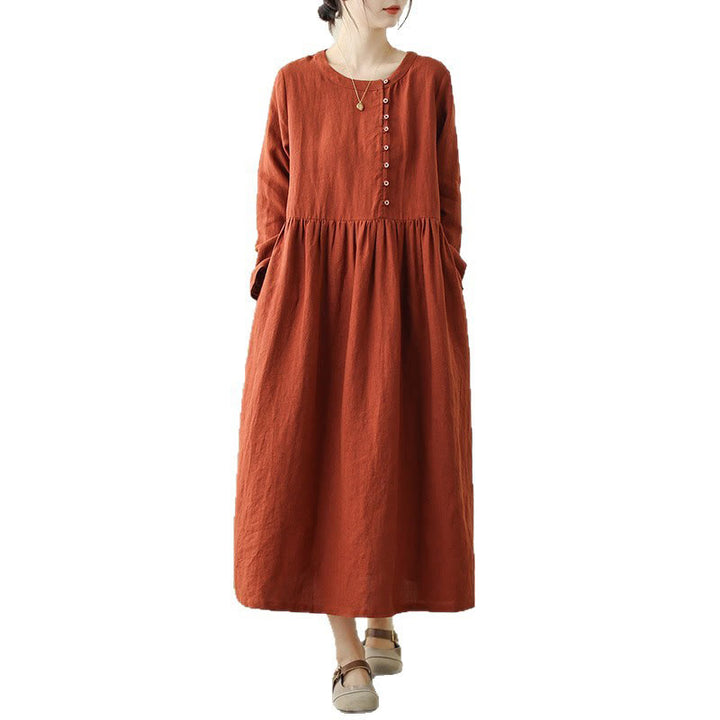 Buddha Stones OrangeRed Lace-Up Design Long Sleeve Cotton Midi Dress With Pockets - image 7