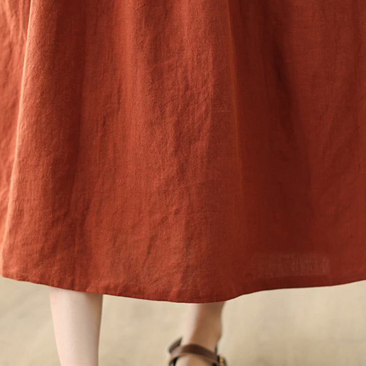 Buddha Stones OrangeRed Lace-Up Design Long Sleeve Cotton Midi Dress With Pockets - image 14