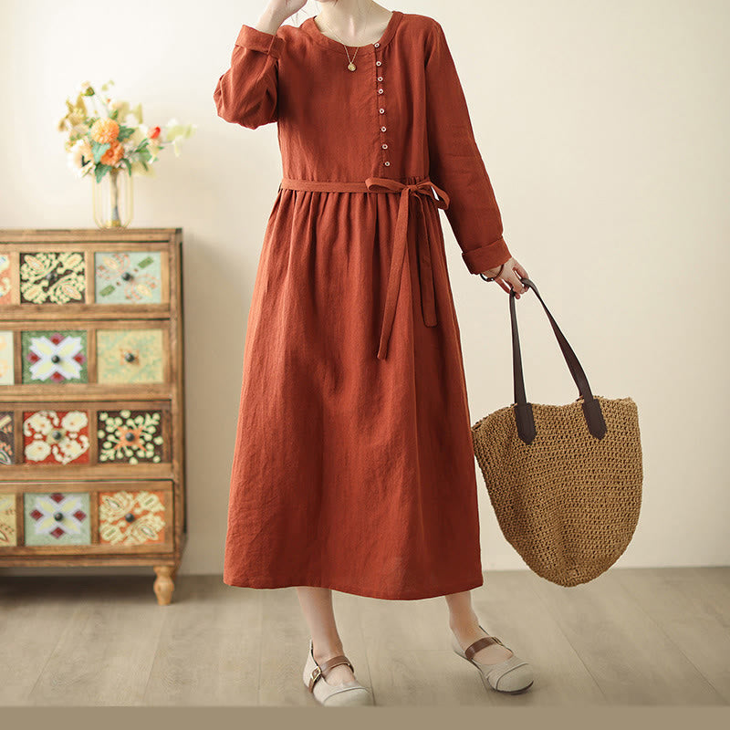 Buddha Stones OrangeRed Lace-Up Design Long Sleeve Cotton Midi Dress With Pockets - image 6