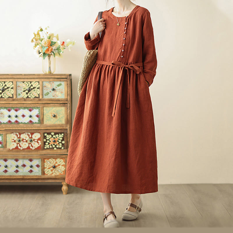 Buddha Stones OrangeRed Lace-Up Design Long Sleeve Cotton Midi Dress With Pockets - image 3