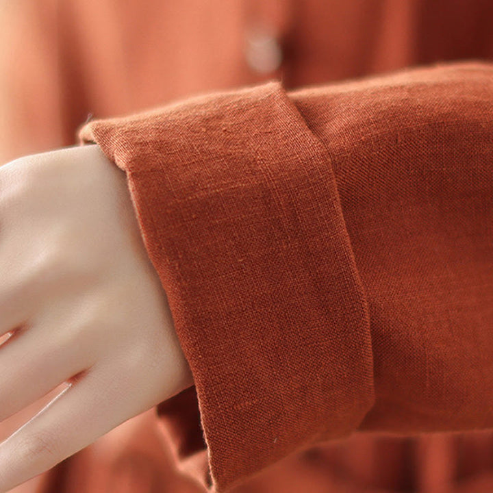 Buddha Stones OrangeRed Lace-Up Design Long Sleeve Cotton Midi Dress With Pockets - image 12
