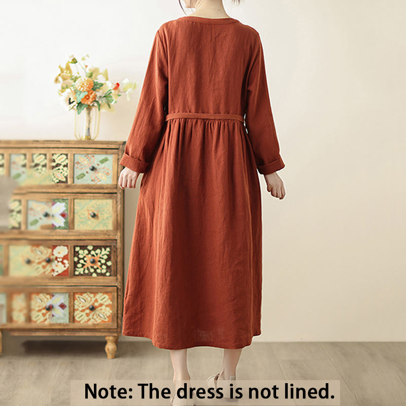 Buddha Stones Vintage OrangeRed Lace-Up Design Long Sleeve Cotton Midi Dress With Pockets - image 2