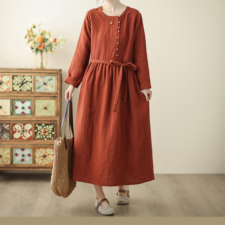 Buddha Stones OrangeRed Lace-Up Design Long Sleeve Cotton Midi Dress With Pockets - image 5
