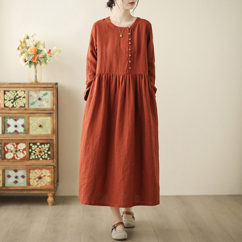 Buddha Stones Vintage OrangeRed Lace-Up Design Long Sleeve Cotton Midi Dress With Pockets - OrangeRed - US8-10，UK/AU12-14，EU40-42 (2XL) - image 1