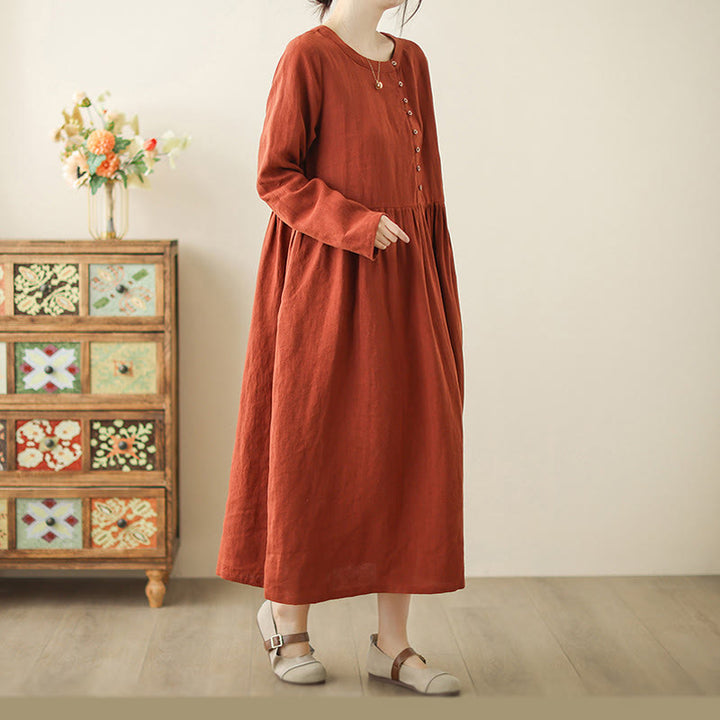 Buddha Stones OrangeRed Lace-Up Design Long Sleeve Cotton Midi Dress With Pockets - image 4