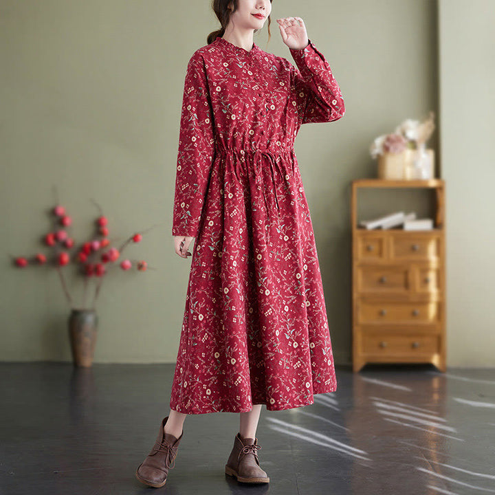 Buddha Stones Ethnic Printing Drawstring Long Sleeve Cotton Linen Midi Dress With Pockets - Crimson - US8-10，UK/AU12-14，EU40-42 (2XL) - image 6