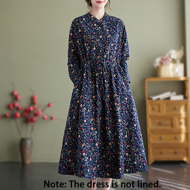 Buddha Stones Ethnic Printing Drawstring Long Sleeve Cotton Linen Midi Dress With Pockets - image 2