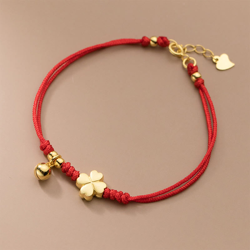 Buddha Stones 925 Sterling Silver Plated Gold Four Leaf Clover Red String Connection Bracelet - image 3
