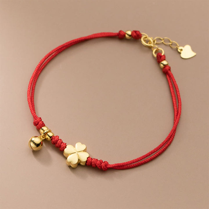 Buddha Stones 925 Sterling Silver Plated Gold Four Leaf Clover Red String Connection Bracelet - image 3