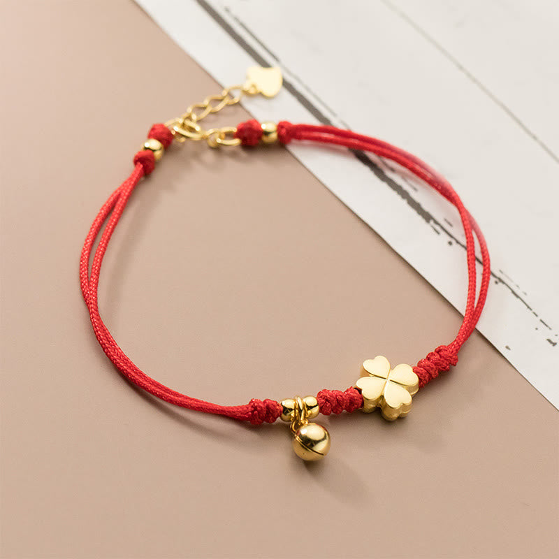 Buddha Stones 925 Sterling Silver Plated Gold Four Leaf Clover Red String Connection Bracelet - 925 Sterling Silver(Wrist Circumference: 15-17cm) - image 1