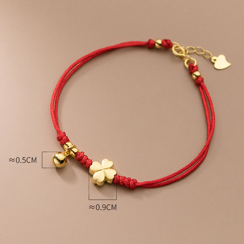 Buddha Stones 925 Sterling Silver Plated Gold Four Leaf Clover Red String Connection Bracelet - image 9