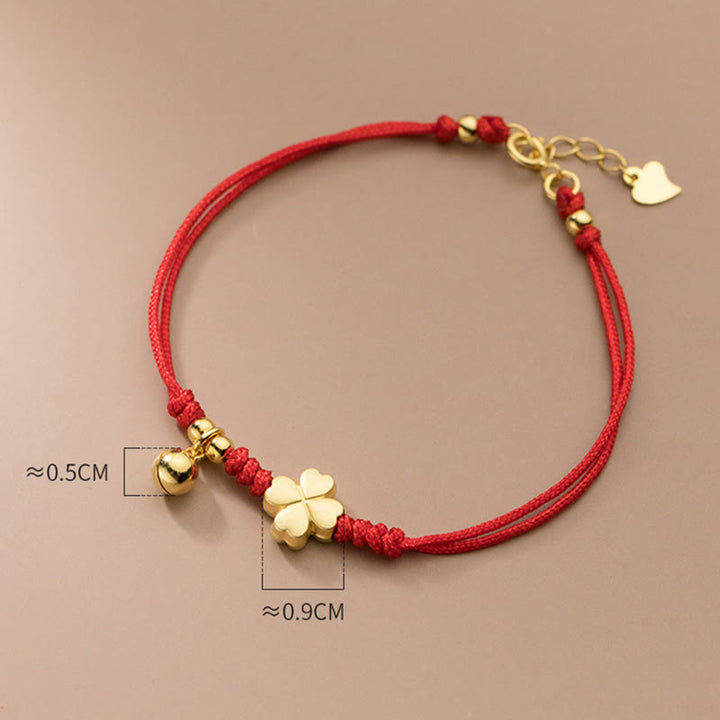 Buddha Stones 925 Sterling Silver Plated Gold Four Leaf Clover Red String Connection Bracelet - image 9