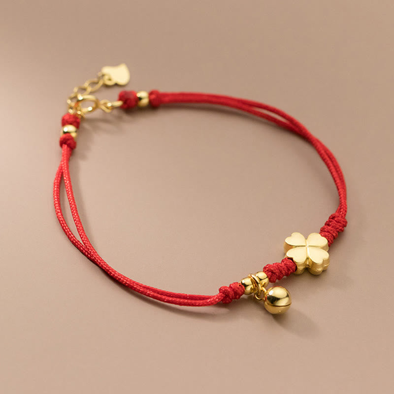 Buddha Stones 925 Sterling Silver Plated Gold Four Leaf Clover Red String Connection Bracelet - image 1