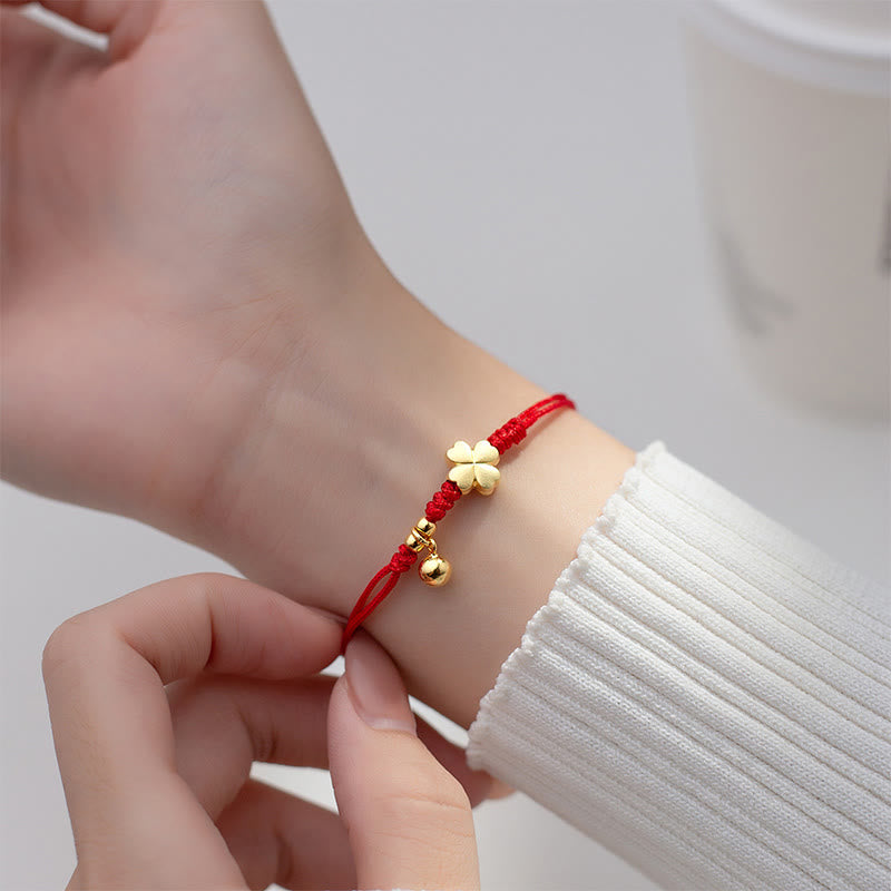 Buddha Stones 925 Sterling Silver Plated Gold Four Leaf Clover Red String Connection Bracelet - image 10