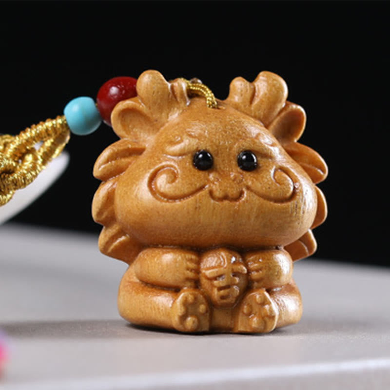 Buddha Stones Sandalwood 12 Chinese Zodiac Blessing Colorful Tassel Accessories Keychain - Dragon - image 1