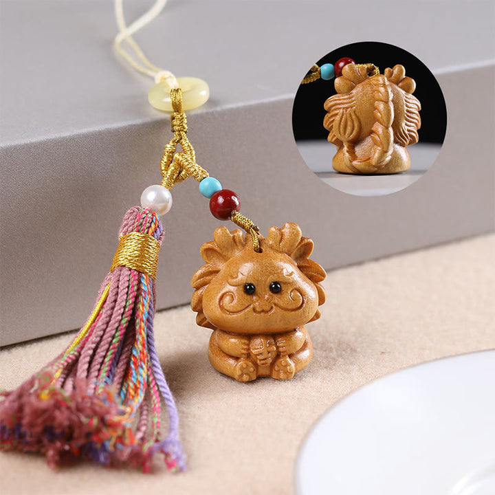 Buddha Stones Sandalwood 12 Chinese Zodiac Blessing Colorful Tassel Accessories Keychain - image 3