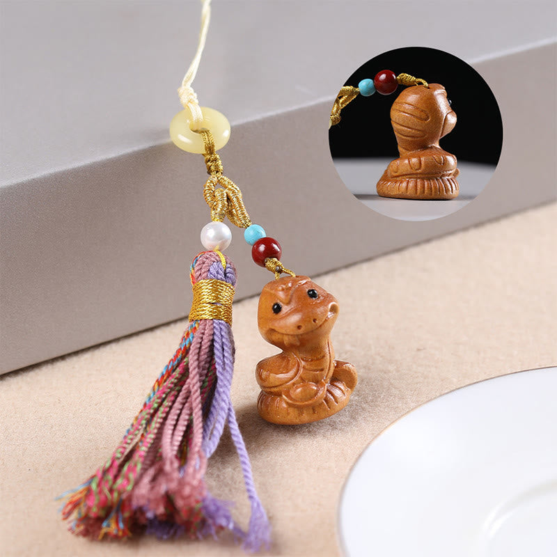 Buddha Stones Sandalwood 12 Chinese Zodiac Blessing Colorful Tassel Accessories Keychain - Snake - image 21