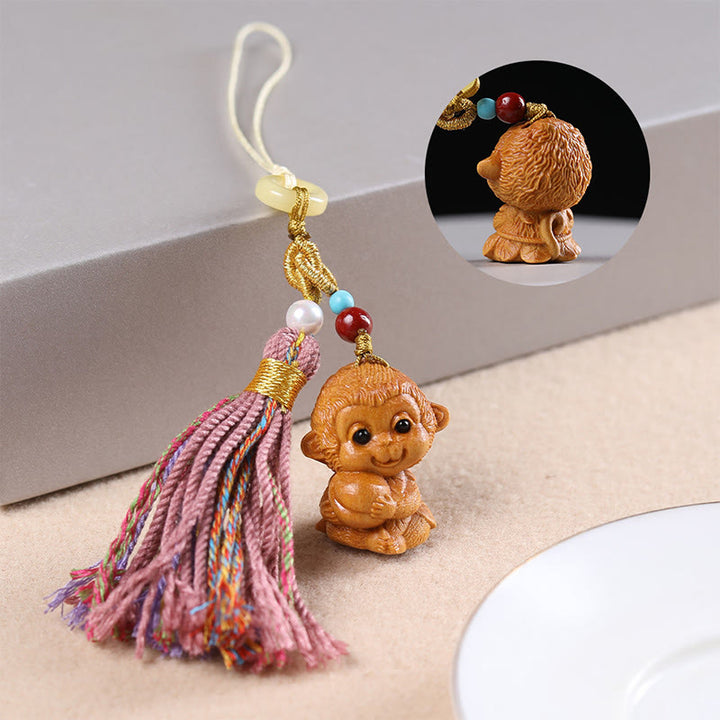 Buddha Stones Sandalwood 12 Chinese Zodiac Blessing Colorful Tassel Accessories Keychain - Monkey - image 27