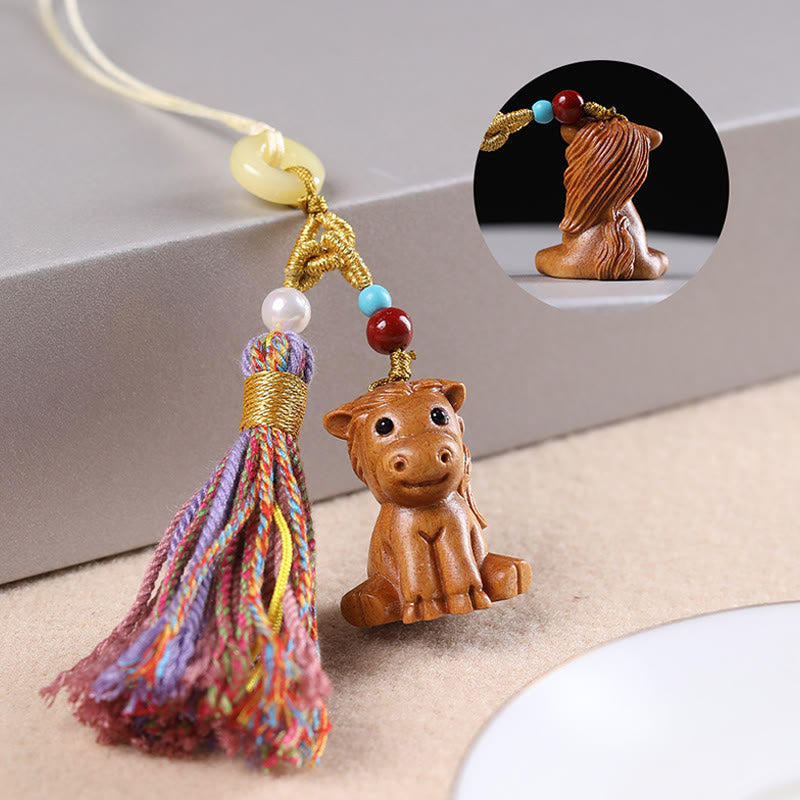 Buddha Stones Sandalwood 12 Chinese Zodiac Blessing Colorful Tassel Accessories Keychain - Horse - image 23