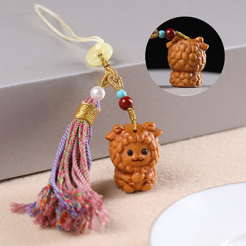 Buddha Stones Sandalwood 12 Chinese Zodiac Blessing Colorful Tassel Accessories Keychain - Goat - image 25