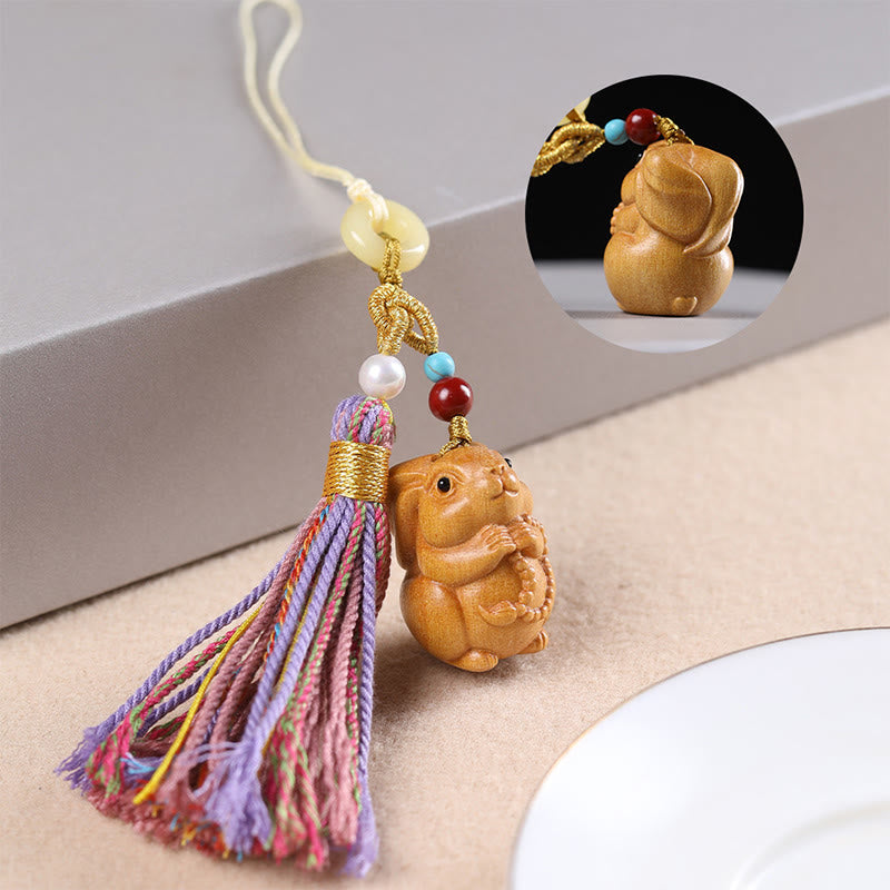 Buddha Stones Sandalwood 12 Chinese Zodiac Blessing Colorful Tassel Accessories Keychain - Rabbit - image 19