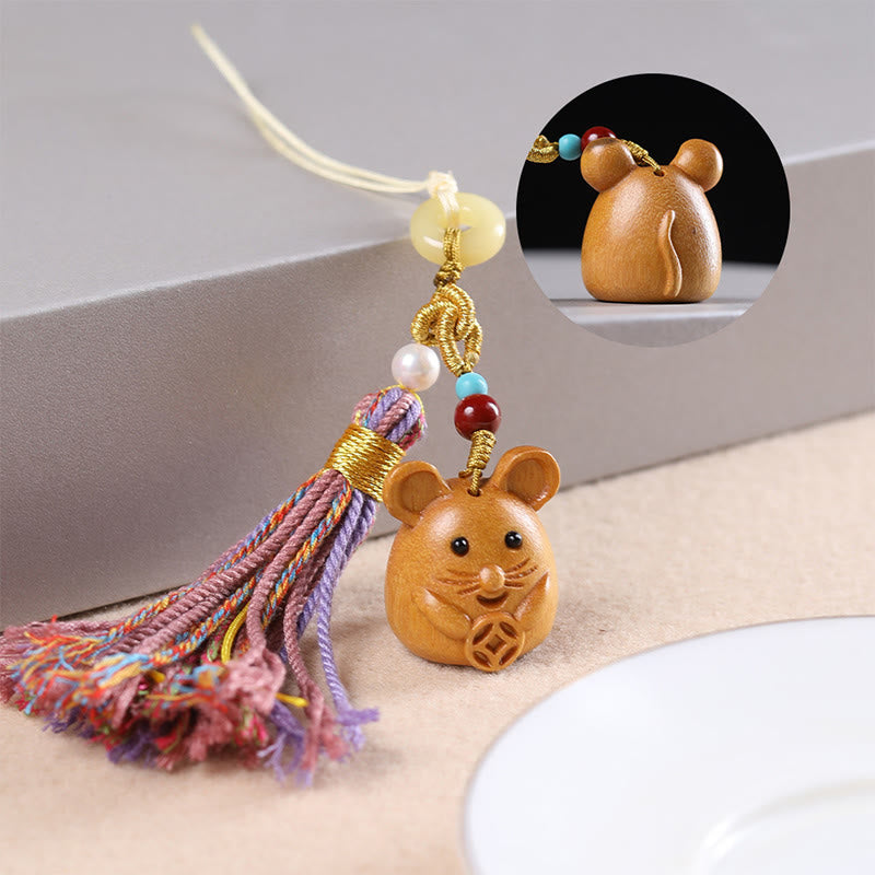 Buddha Stones Sandalwood 12 Chinese Zodiac Blessing Colorful Tassel Accessories Keychain - Rat - image 7