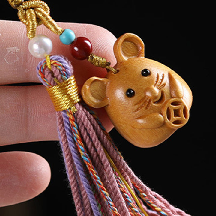 Buddha Stones Sandalwood 12 Chinese Zodiac Blessing Colorful Tassel Accessories Keychain - image 8