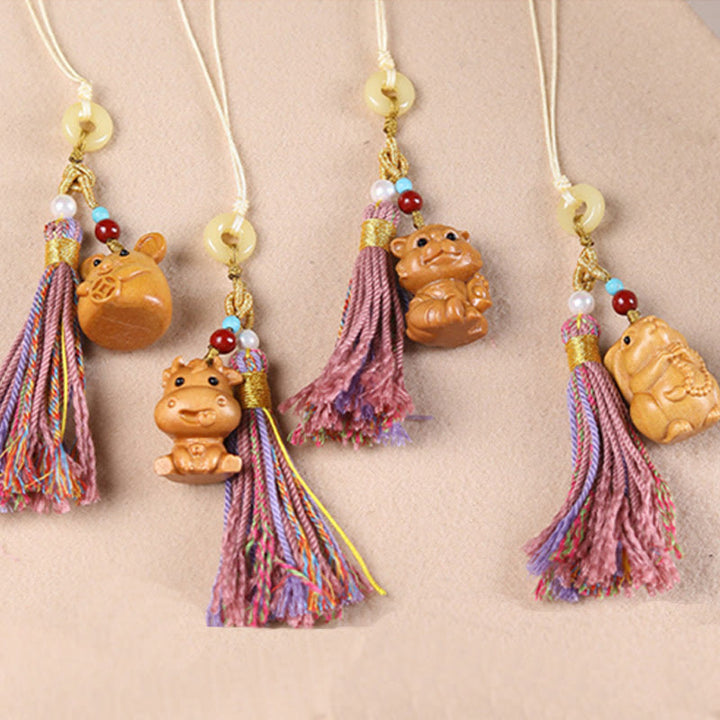 Buddha Stones Sandalwood 12 Chinese Zodiac Blessing Colorful Tassel Accessories Keychain - image 36