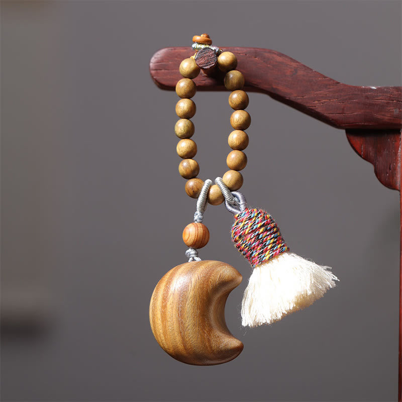 Buddha Stones Natural Green Sandalwood Colored Rope Tassels Star Moon Abundance Key Chain - image 6