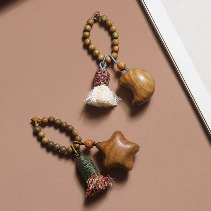 Buddha Stones Natural Green Sandalwood Colored Rope Tassels Star Moon Abundance Key Chain - image 7