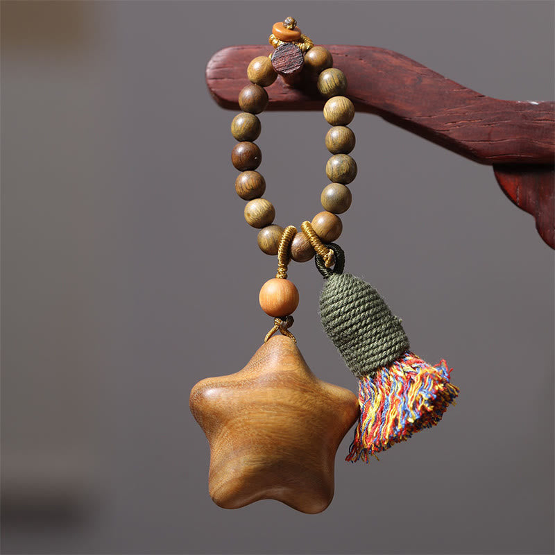 Buddha Stones Natural Green Sandalwood Colored Rope Tassels Star Moon Abundance Key Chain - image 2