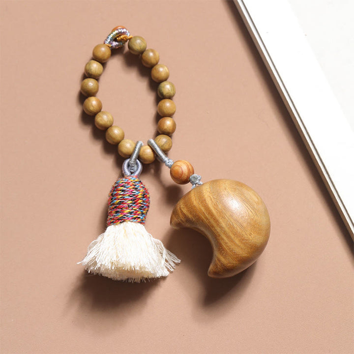 Buddha Stones Natural Green Sandalwood Colored Rope Tassels Star Moon Abundance Key Chain - Moon (29*32mm) - image 5