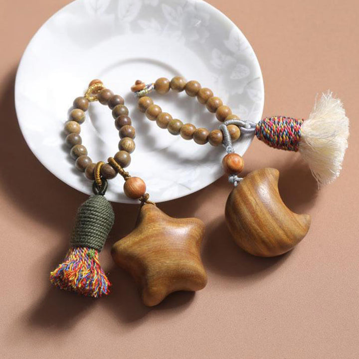 Buddha Stones Natural Green Sandalwood Colored Rope Tassels Star Moon Abundance Key Chain - image 8