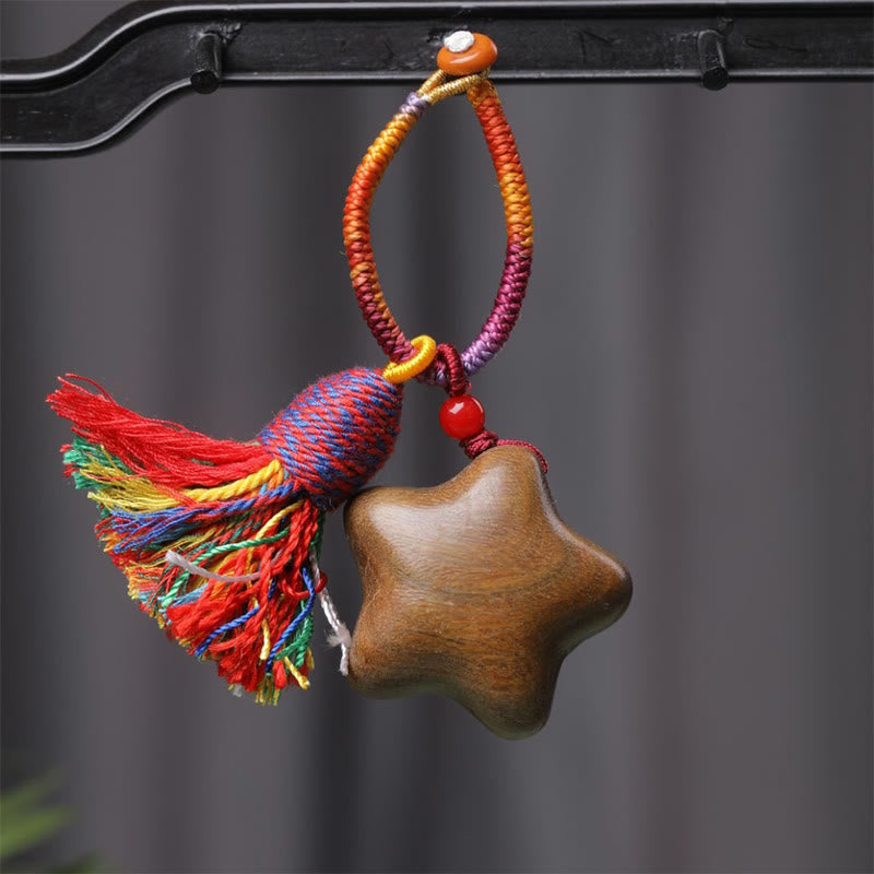 Buddha Stones Tibetan Colored Rope Green Sandalwood Star Moon Peace Key Chain - Star (23*36mm) - image 1