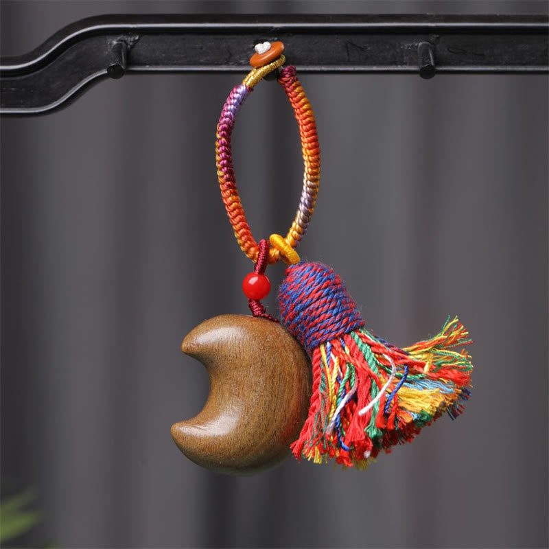 Buddha Stones Tibetan Colored Rope Green Sandalwood Star Moon Peace Key Chain - Moon (29*32mm) - image 2