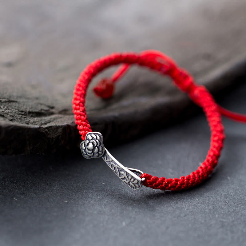 Buddha Stones Retro 925 Sterling Silver Ruyi As One Wishes Red String Braided Luck Bracelet - 925 Sterling Silver(Wrist Circumference: 15-21cm) - image 1