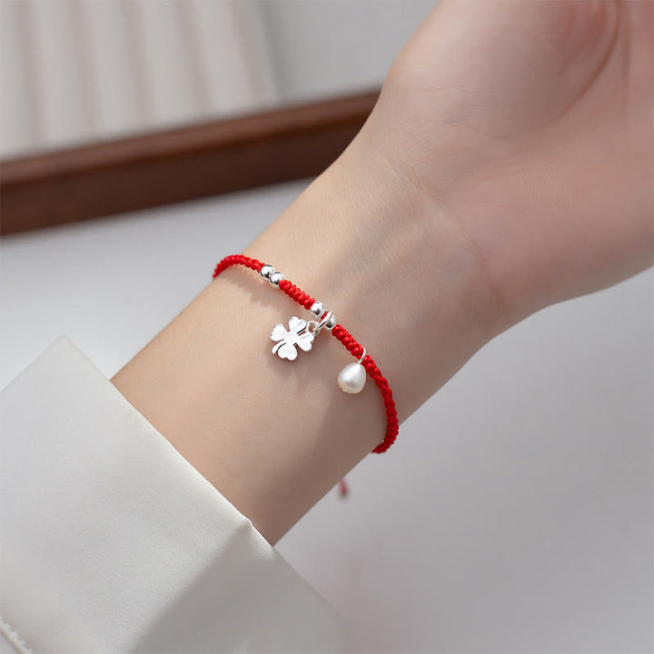 Buddha Stones Retro 925 Sterling Silver Four Leaf Clover Pearl Luck Red String Bracelet - image 9