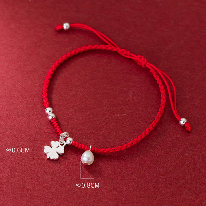Buddha Stones Retro 925 Sterling Silver Four Leaf Clover Pearl Luck Red String Bracelet - image 8