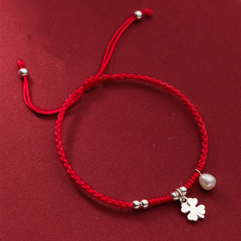 Buddha Stones Retro 925 Sterling Silver Four Leaf Clover Pearl Luck Red String Bracelet - 925 Sterling Silver(Wrist Circumference: 15-18cm) - image 0