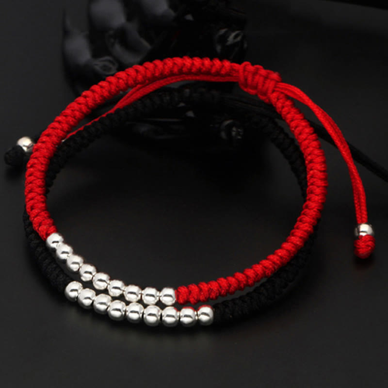Buddha Stones Retro 925 Sterling Silver Simple Beads Knot Design Luck String Bracelet - image 3