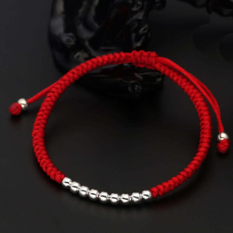 Buddha Stones Retro 925 Sterling Silver Simple Beads Knot Design Luck String Bracelet - 925 Sterling Silver(Wrist Circumference: 15-22cm) - Red - image 1